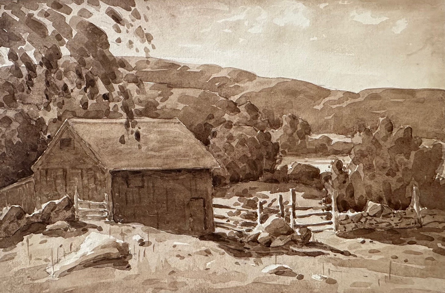 Bertram G. Bruestle, Barn and Distant Hills, Lyme
sepia wash on paper, 5 1/2"" x 8 1/2""
JCA 6786
$500