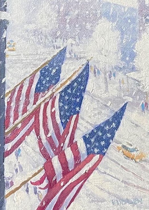 Michael Budden, Flags Above the Avenue
oil on board, 8"" x 6""
MB 1124.02
$850